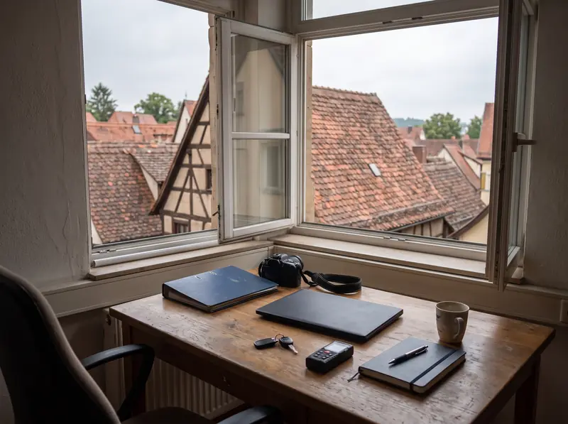 Schreibtisch im Sachverständigenbüro mit Gutachten, Kamera und Messgerät, Blick auf Coburger Dächer