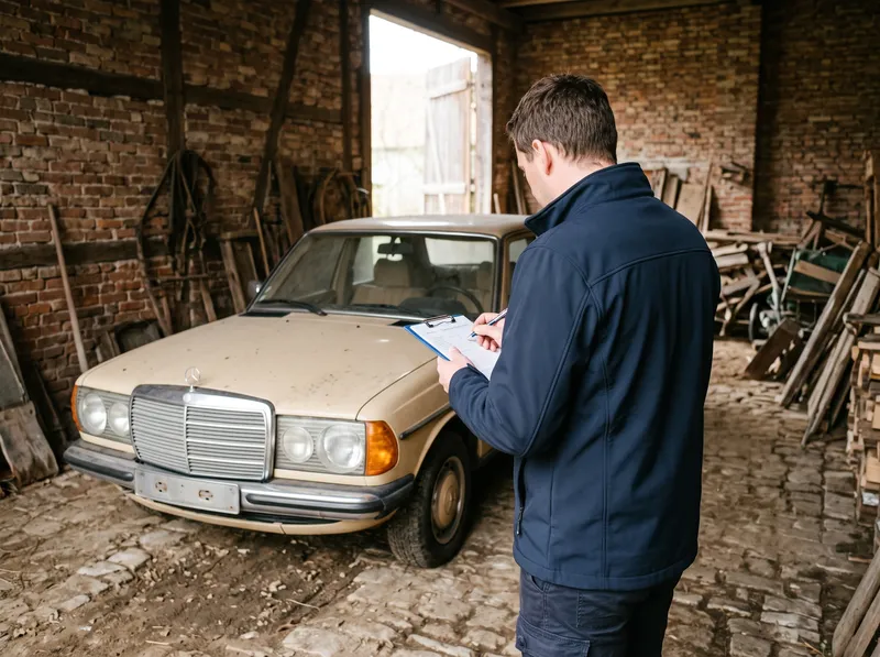 Gutachter bewertet einen beigen Oldtimer-Mercedes in einer Scheune