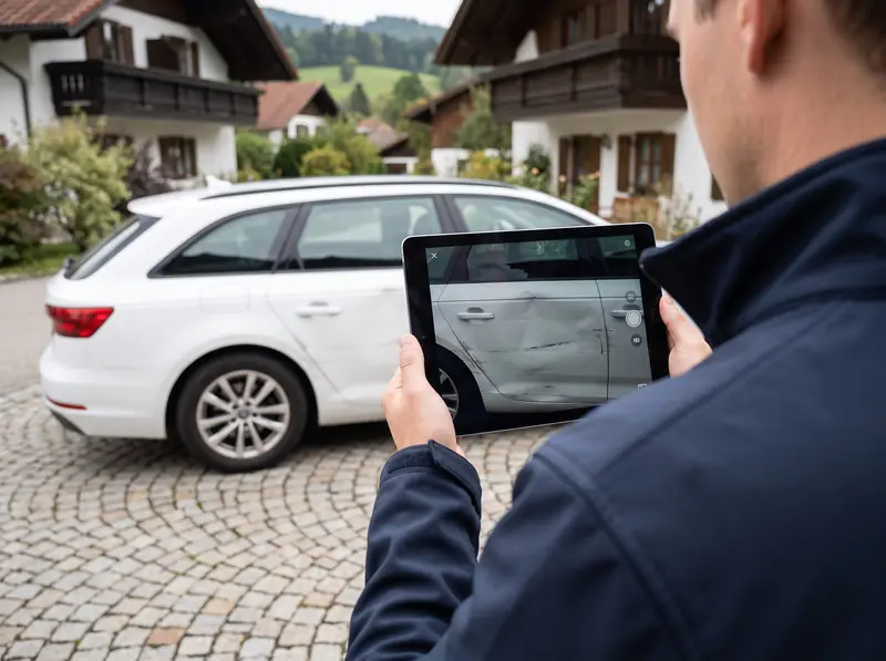 Kfz-Gutachter dokumentiert einen Unfallschaden mit dem Tablet